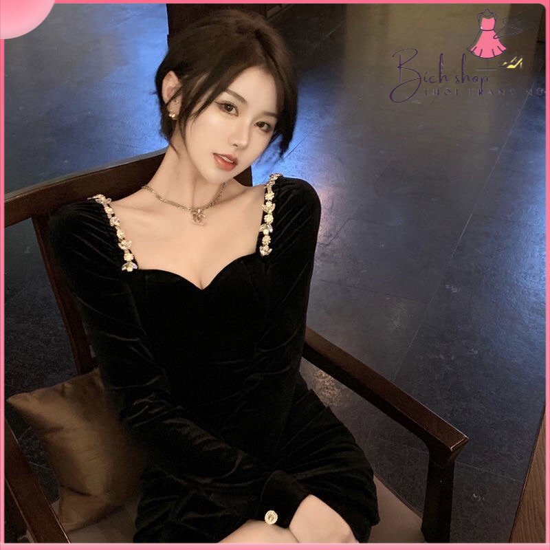 Đầm nhung body siêu sang chảnh , nhẹ nhàng tiểu thư , đính đá thủ công tinh xảo lấp lánh