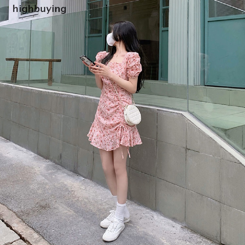 Đầm Mini Cổ Vuông Tay Phồng In Hoa Phối Dây Rút Thời Trang Hàn Quốc Thanh Lịch Cho Nữ