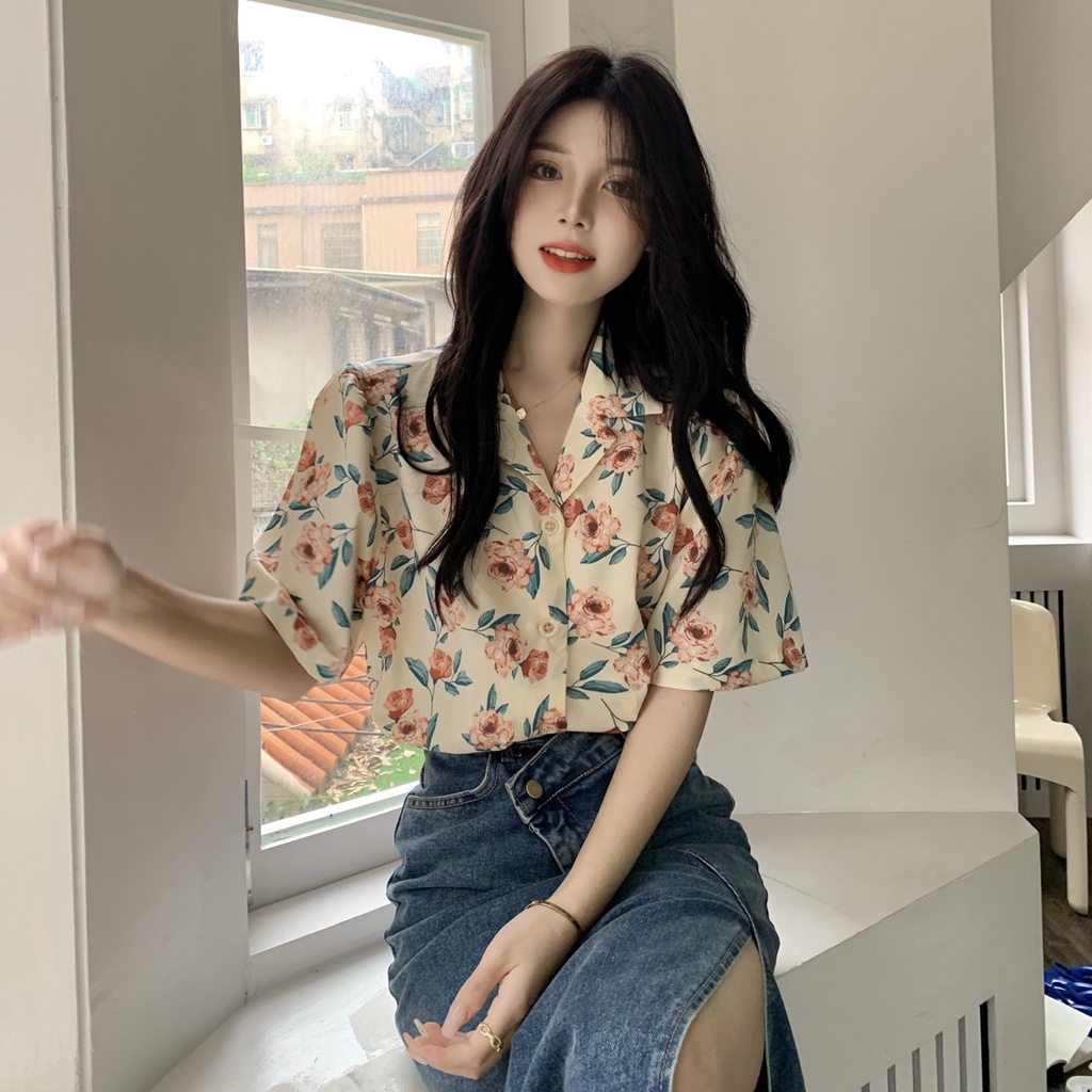Áo Sơ Mi chiffon Tay Ngắn Dáng Rộng In Hoa Thời Trang Mới Cho Nữ