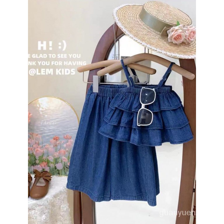 Hàng Mới Về Bộ Áo Croptop + Chân Váy Denim Xếp Tầng Phong Cách Hàn Quốc Thời Trang Mùa Hè 2023 Cho Bé Gái
