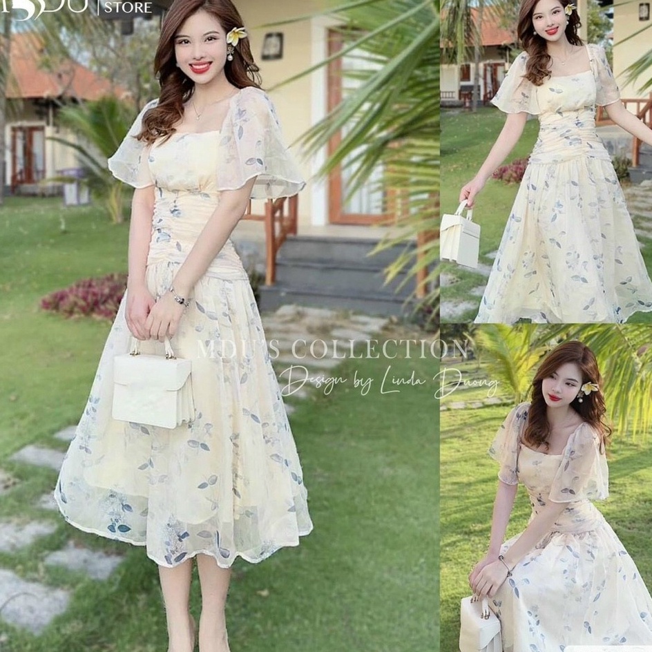 Đầm maxi voan hoa tay xoè xếp ly eo( có mút) phong cách nàng thơ vintage ngọt ngào NHƯ Ý