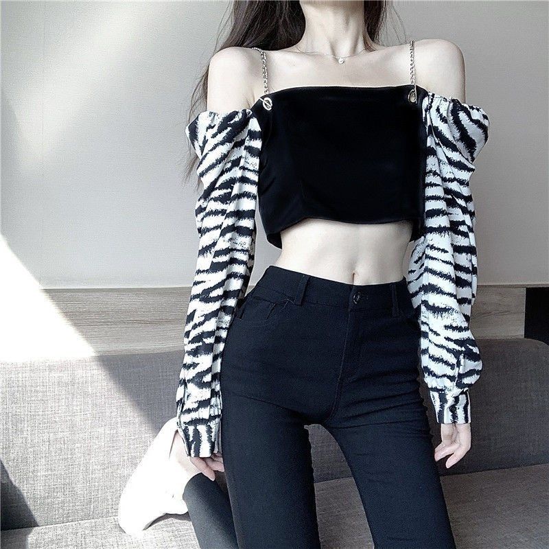 Áo Thun Tay Dài Không Dây Hở Rốn In Họa Tiết Ngựa Vằn Phong Cách Cá Tính Dành Cho Nữ