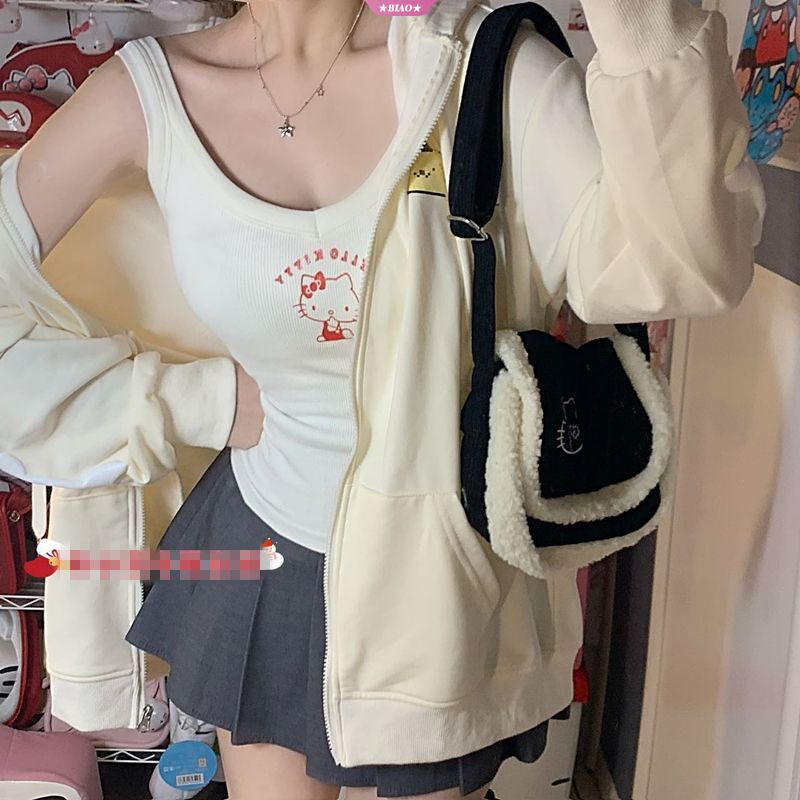 Áo Lót Dạng Vest Bằng Cotton Phối Nhung Dày Họa Tiết Hoạt Hình Sanrioed Hello Kitty Thời Trang Cho Bé Gái