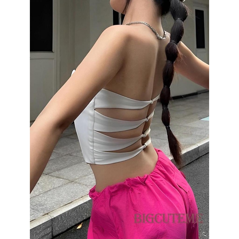[] - Áo Crop Top Không Tay Hở Lưng Ôm Dáng Màu Trơn Buộc Dây Màu Trơn Mùa Hè Cho Nữ - Trắng / Đen / Xanh Dương