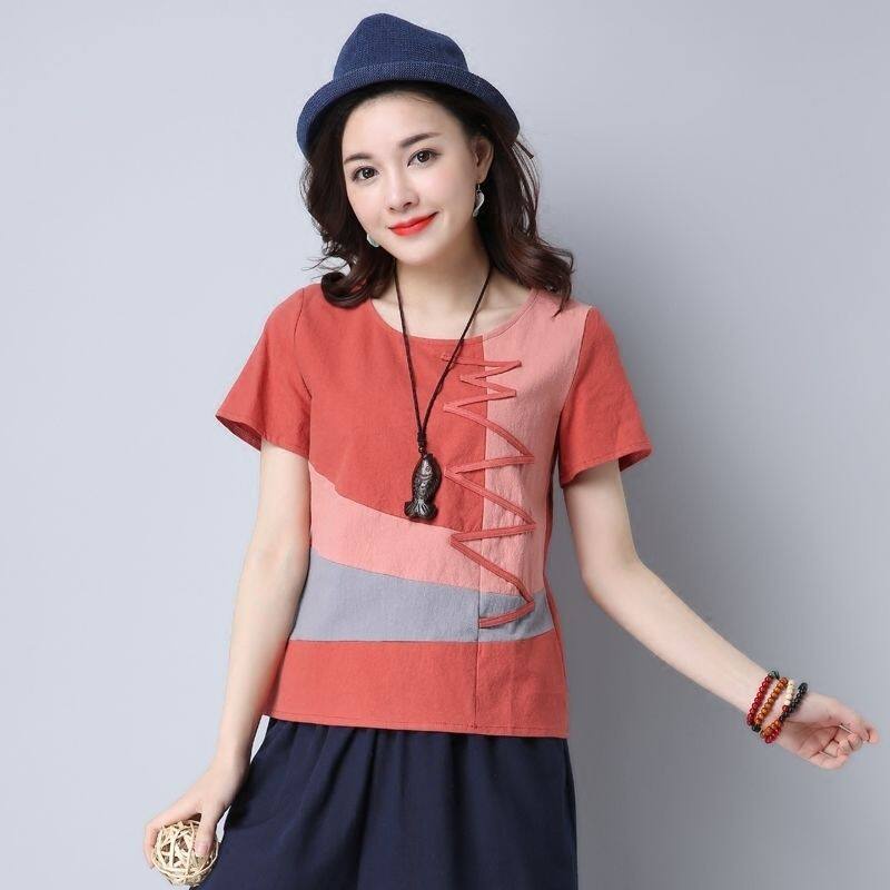 Áo Thun Cotton Lanh Tay Ngắn Dáng Rộng Phong Cách Retro Mùa Hè Dành Cho Nữ