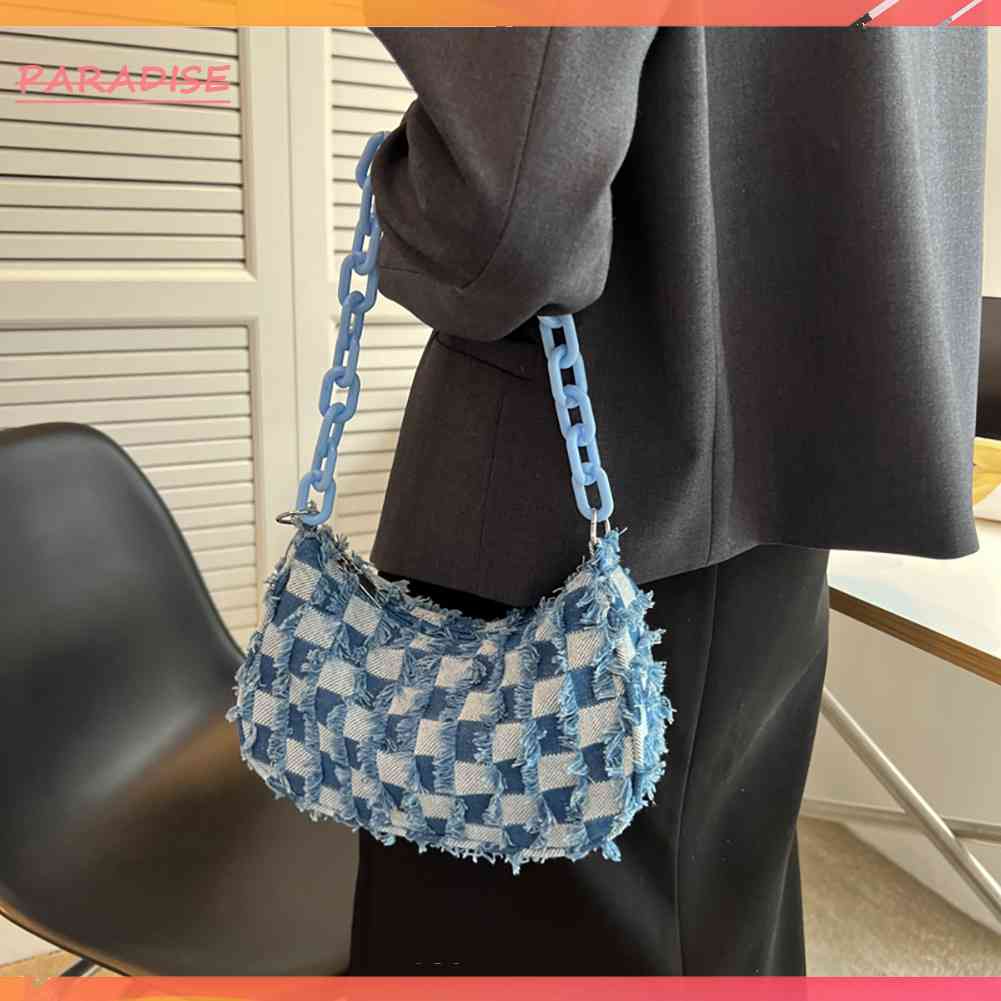 Túi Xách Nữ Denim Dây Xích Acrylic Màu Xanh Dương Mới