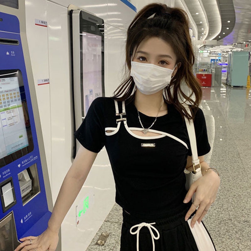 Áo Thun Tay Ngắn Cổ Tròn Dáng Ôm Thiết Kế Khoét Lỗ Đơn Giản Thời Trang Mới