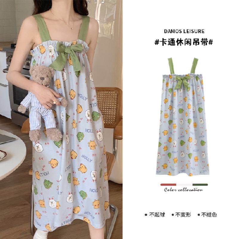 Đầm Hai Dây Mỏng Dáng Rộng In Họa Tiết Hoạt Hình Dễ Thương Cho Nữ La3066