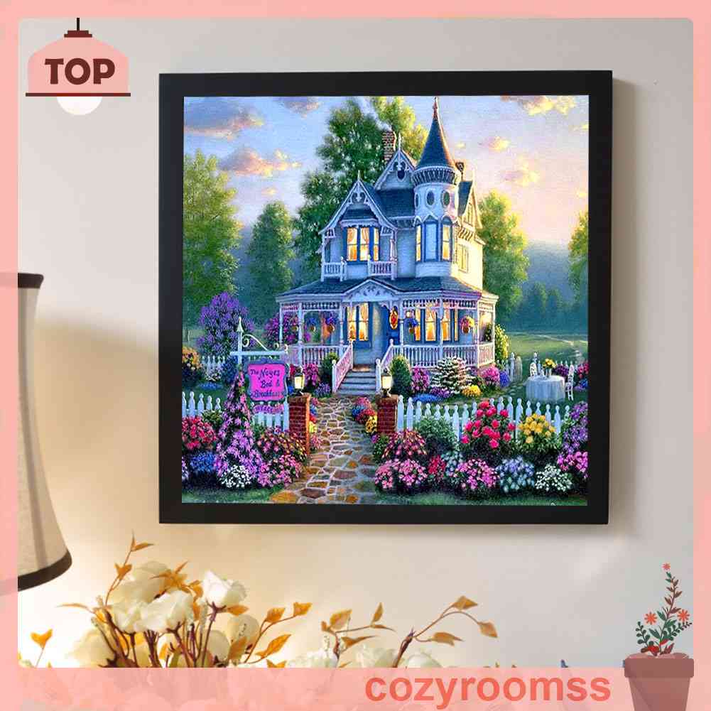 Tranh Đính Đá Kim Cương Toàn Bộ Hình Vẽ Biệt Thự Hoa DIY