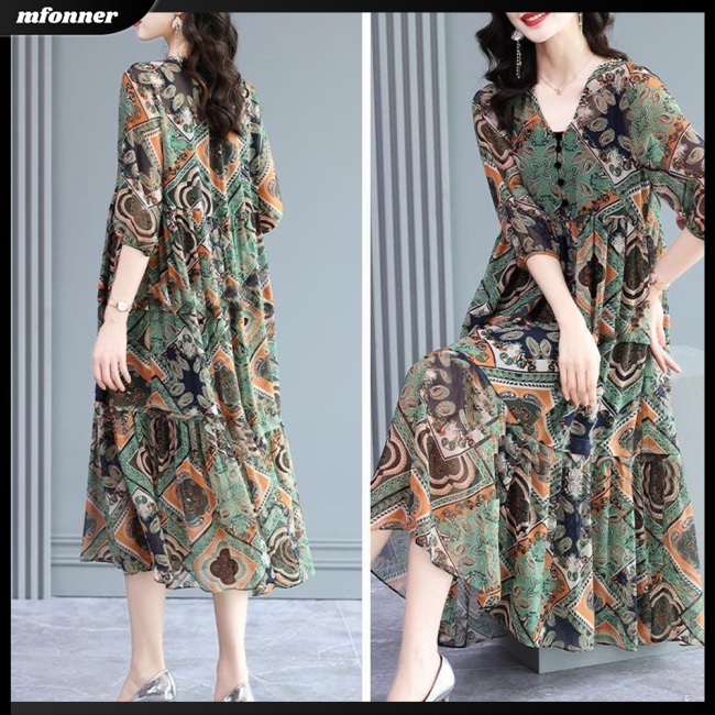 Đầm Tay Ngắn Cổ Chữ V In Họa Tiết Retro Thời Trang Dành Cho Nữ