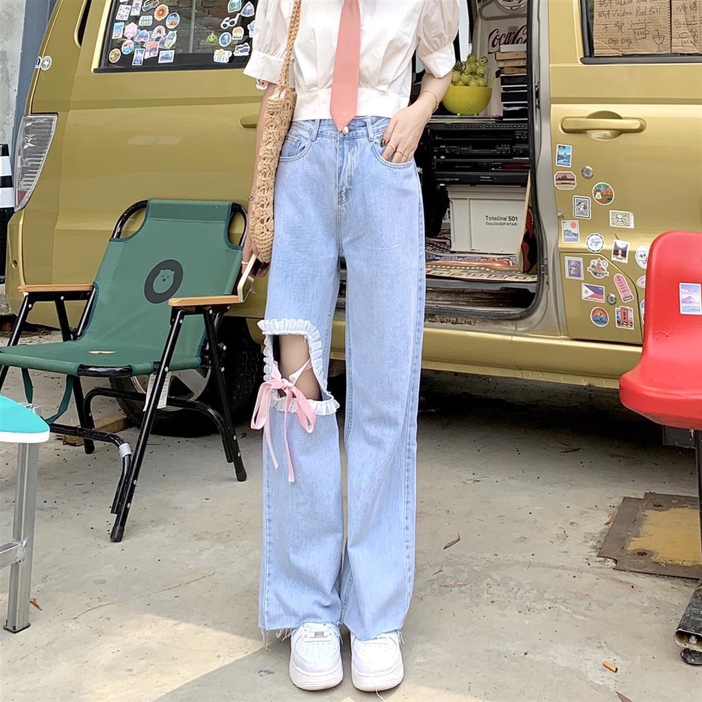 Quần Jean Lưng Cao Dáng Rộng Thiết Kế Mới Thời Trang Theo Phong Cách Hàn Quốc Cho Nữ