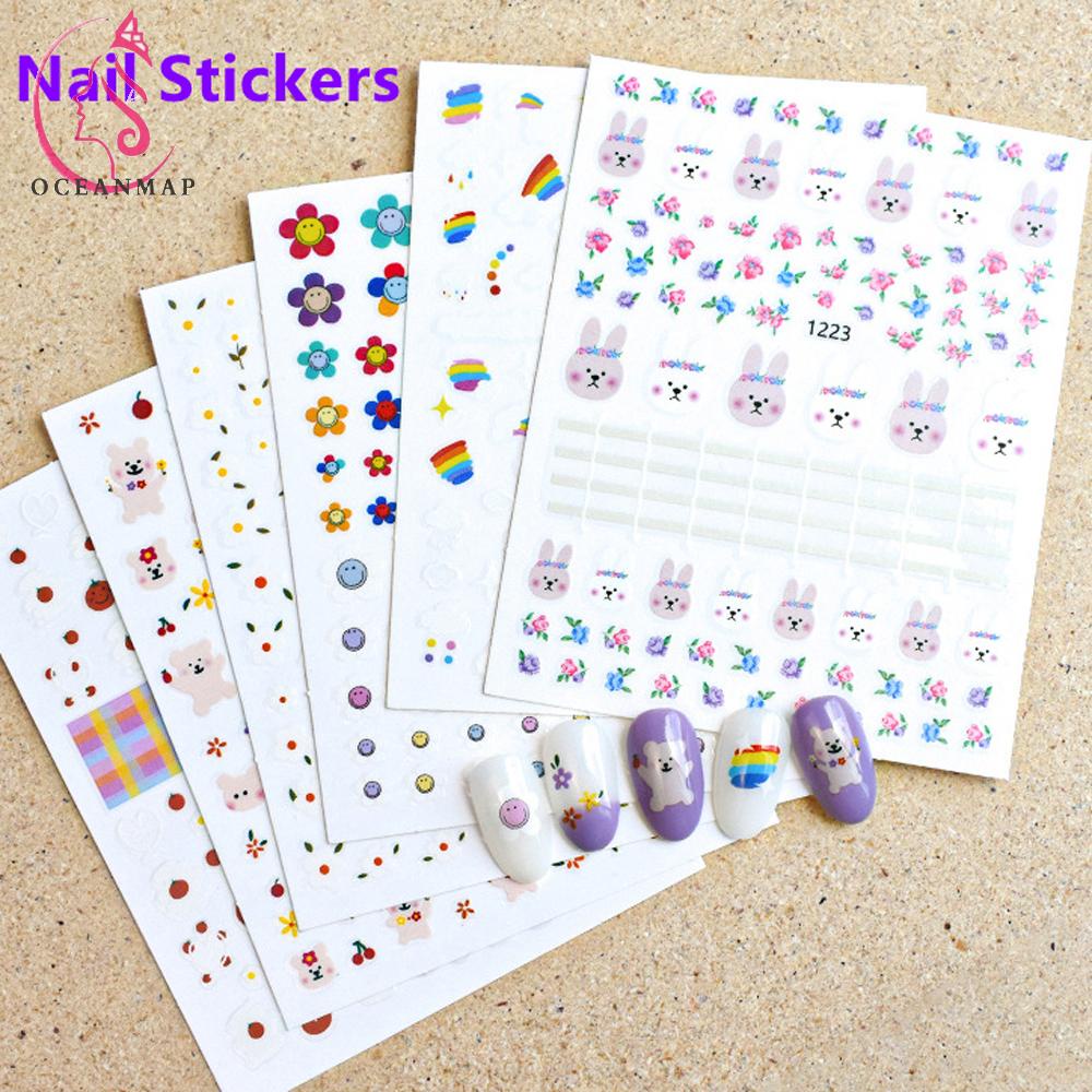[Hàng mới về] Nhãn Dán Trang Trí Móng Tay Siêu Mỏng Tự Dính Họa Tiết Cầu Vồng Hoạt Hình Thỏ / Hoa DIY