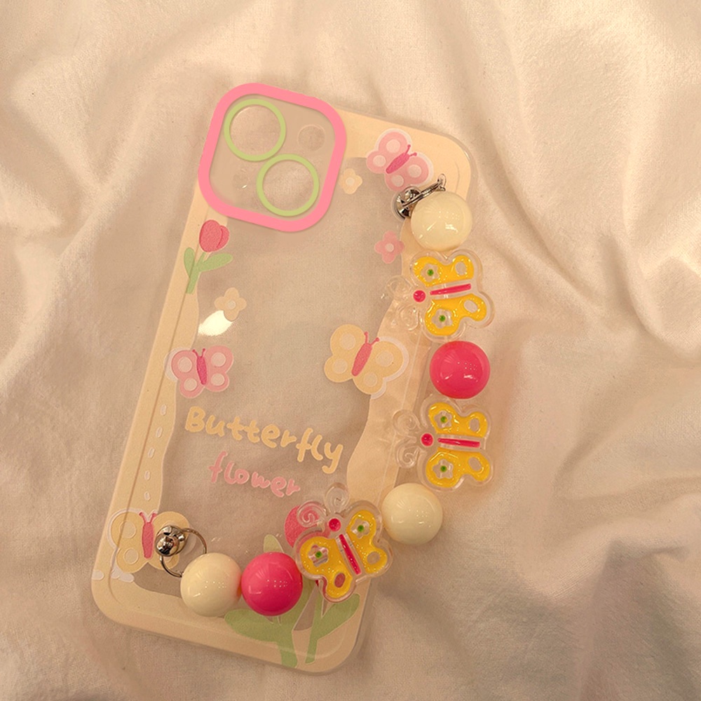Ốp Điện Thoại TPU Dẻo Họa Tiết Bươm Bướm Màu Hồng Dễ Thương Chống Sốc Kèm Vòng Đeo Tay Cho IPhone 11 12 13 14 Pro Max