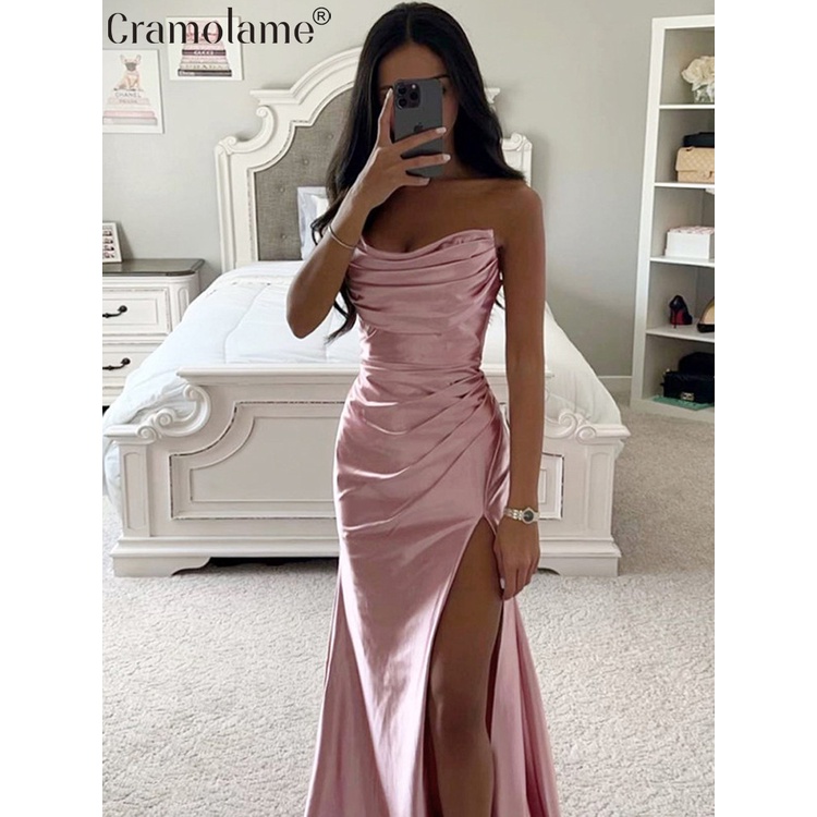 การจัดส่งเคาน์เตอร์ Đầm Maxi Xẻ Tà Satin Hở Lưng Hở Vai Cho Nữ Đầm Dài Không Dây Ôm Sát Gợi Cảm Dạ Tiệc Tối Sinh Nhật 20