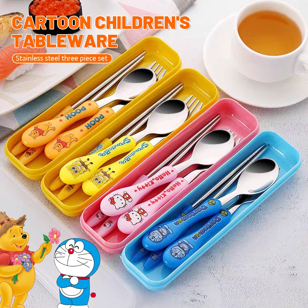 Bộ Ba Món Thìa Dĩa Đũa Bằng Thép Không Gỉ Cho Trẻ Em Hình Doraemon/Hellokitty Hoạt Hình Bộ Dao Kéo Trẻ Em