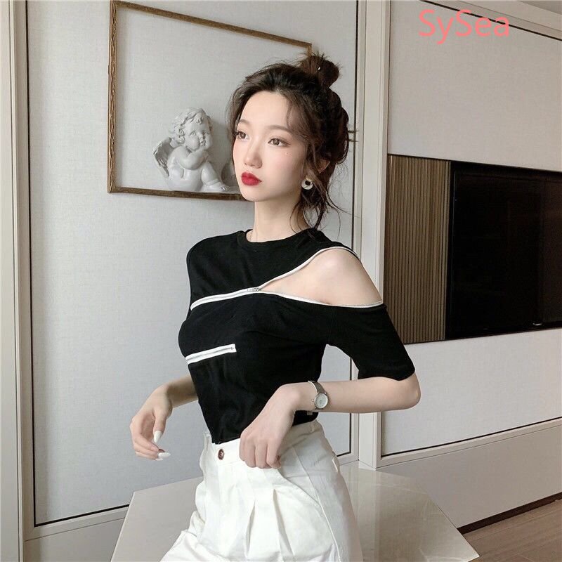 Áo Kiểu Trễ Vai Phối Khóa Kéo Phong Cách Hàn Quốc Quyến Rũ Cho Nữ