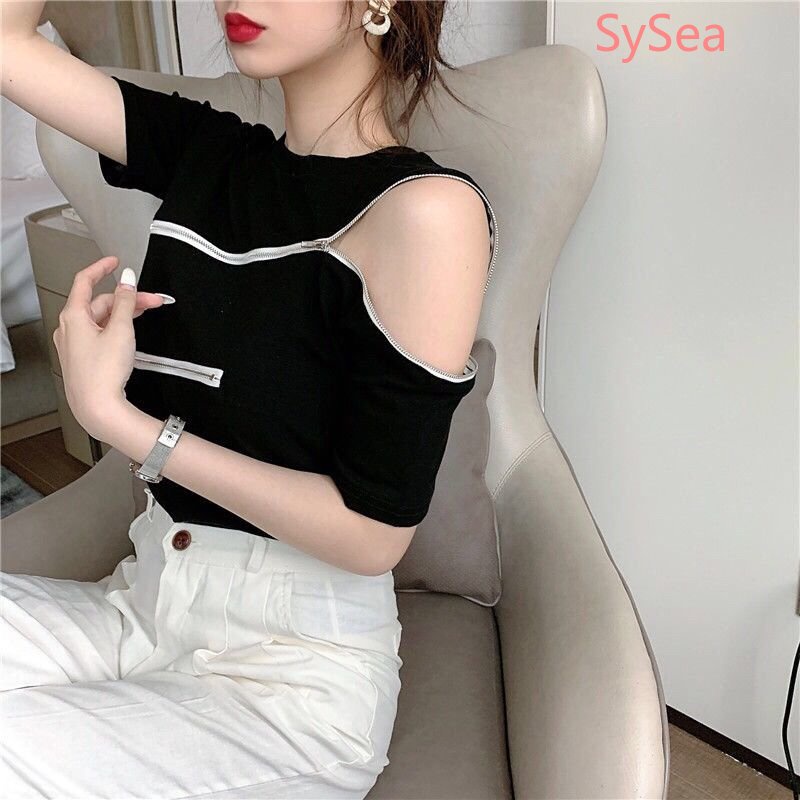 Áo Kiểu Trễ Vai Phối Khóa Kéo Phong Cách Hàn Quốc Quyến Rũ Cho Nữ