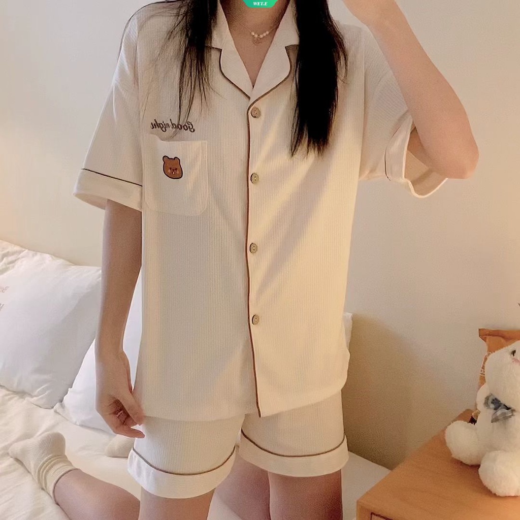 Bộ Đồ Ngủ Tay Ngắn Dáng Rộng In Hình Gấu Dễ Thương Phong Cách Hàn Quốc Thời Trang Mùa Hè 2023