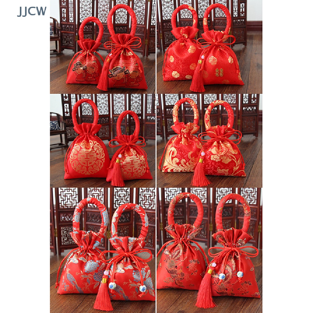 Túi Đựng Kẹo Cưới 14x11cm Có Dây Rút Họa Tiết Thổ Cẩm Xinh Xắn