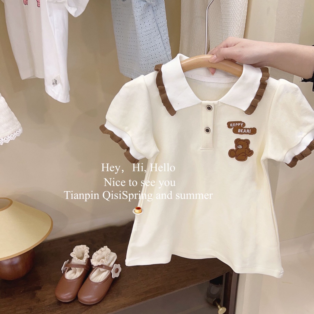 Set Áo Thun Polo In Hình Gấu Và Chân Váy Xếp Ly Dễ Thương Cho Bé Gái