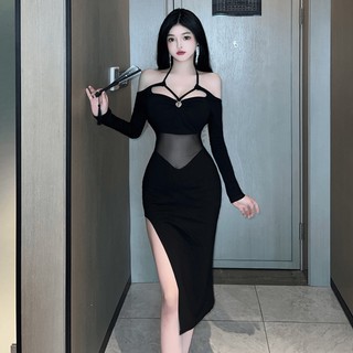 18YX1531 European and American 2023 sexy hanging neck hollow long sleeve slim fit split dress SEUI