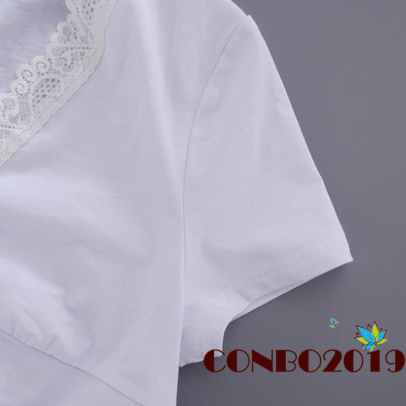 Áo Thun Crop Top Tay Ngắn Cổ Chữ V Phối Ren Thời Trang Mùa Hè Cho Nữ