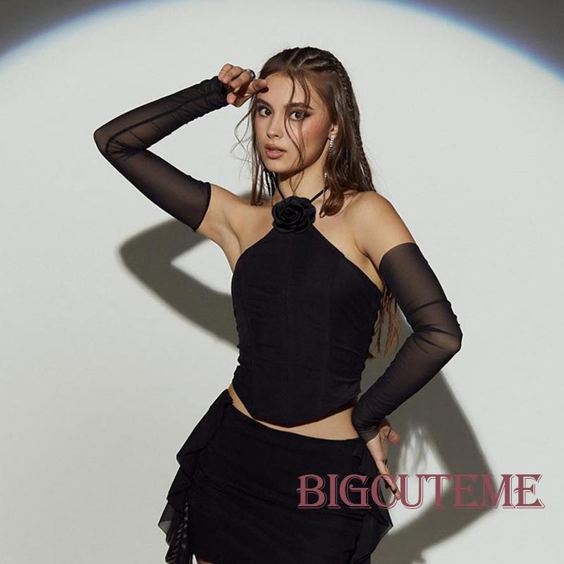 [] - Áo Tank Top Hai Dây Cột Dây Màu Trơn Họa Tiết Hoa Xương Cá Ôm Dáng Mùa Hè Cho Nữ Đen