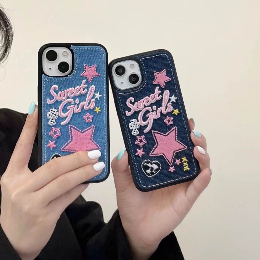 Ốp Điện Thoại Vải Denim Thêu Hình Pink XINGX Bảo Vệ Toàn Diện Cho Apple Iphone 14 13Promax 12