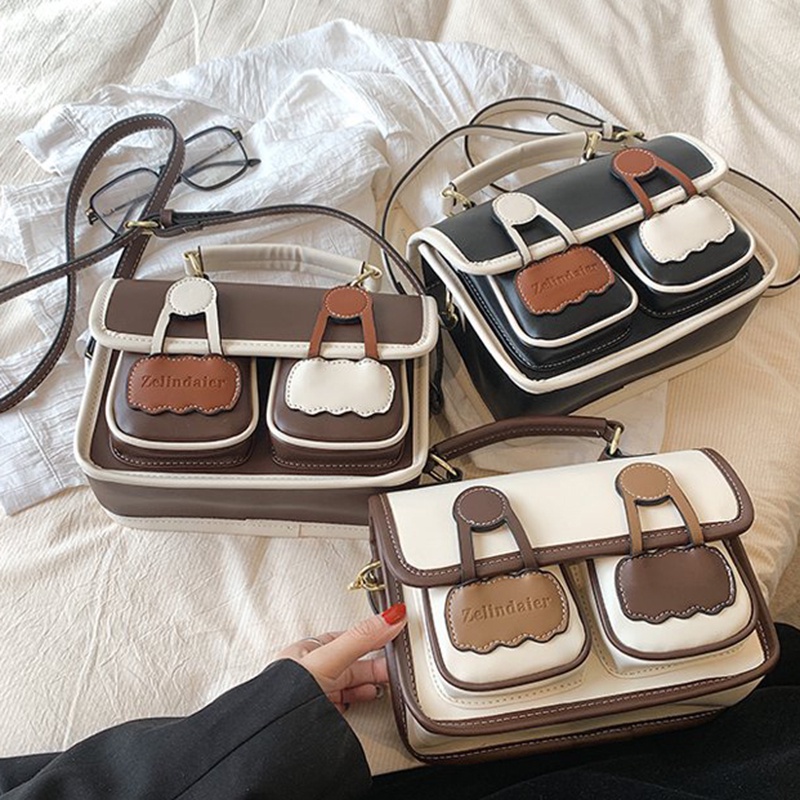 Ielgy Túi Đeo Vai Hình Vuông Có Khóa Nam Châm Màu Tương Phản Phong Cách retro Thời Trang Nhỏ Gọn Đơn Giản Cho Nữ