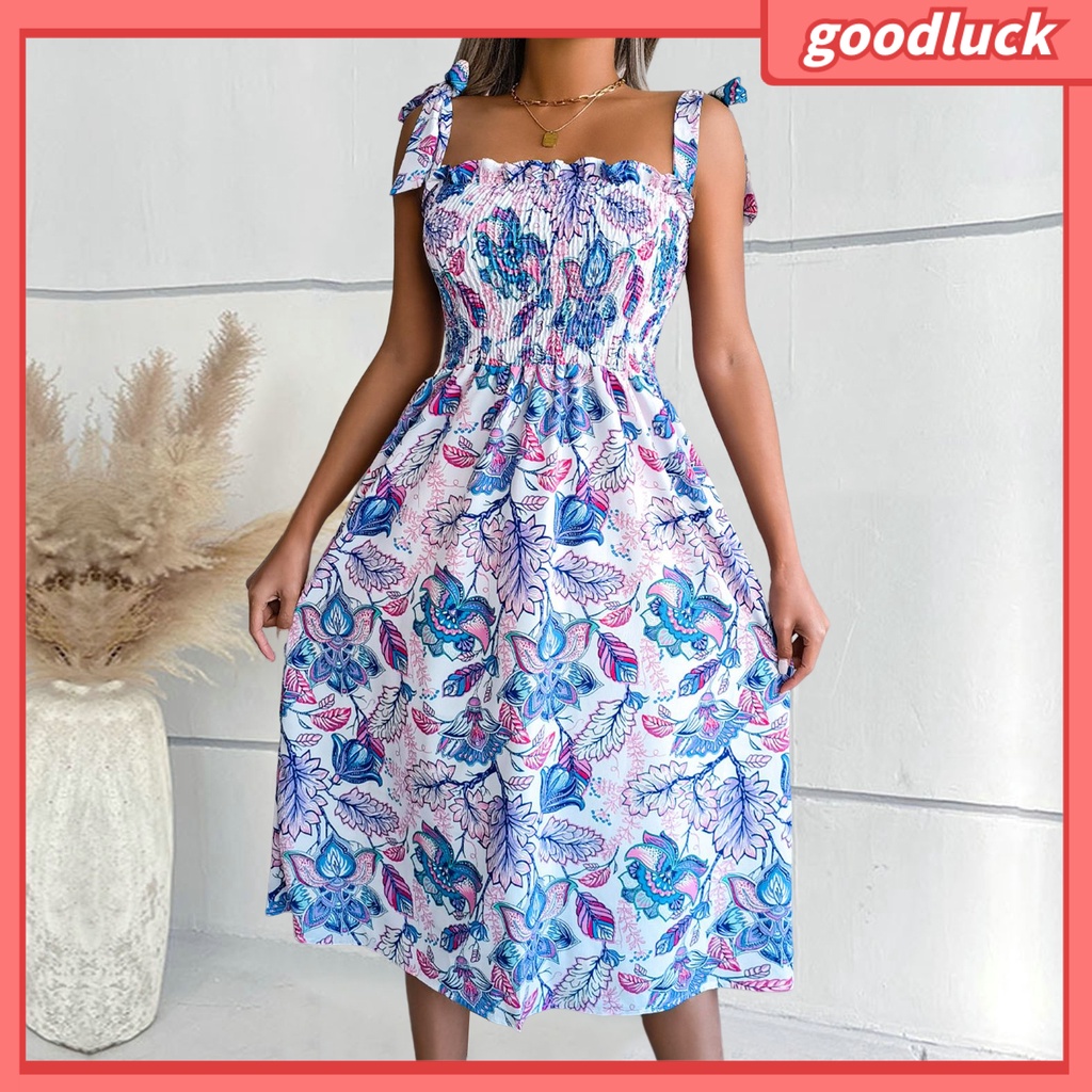 [ULK] Đầm Hai Dây Dáng Rộng Eo Cao Co Giãn In Họa Tiết Hoa Lá Mùa Hè Cho Nữ