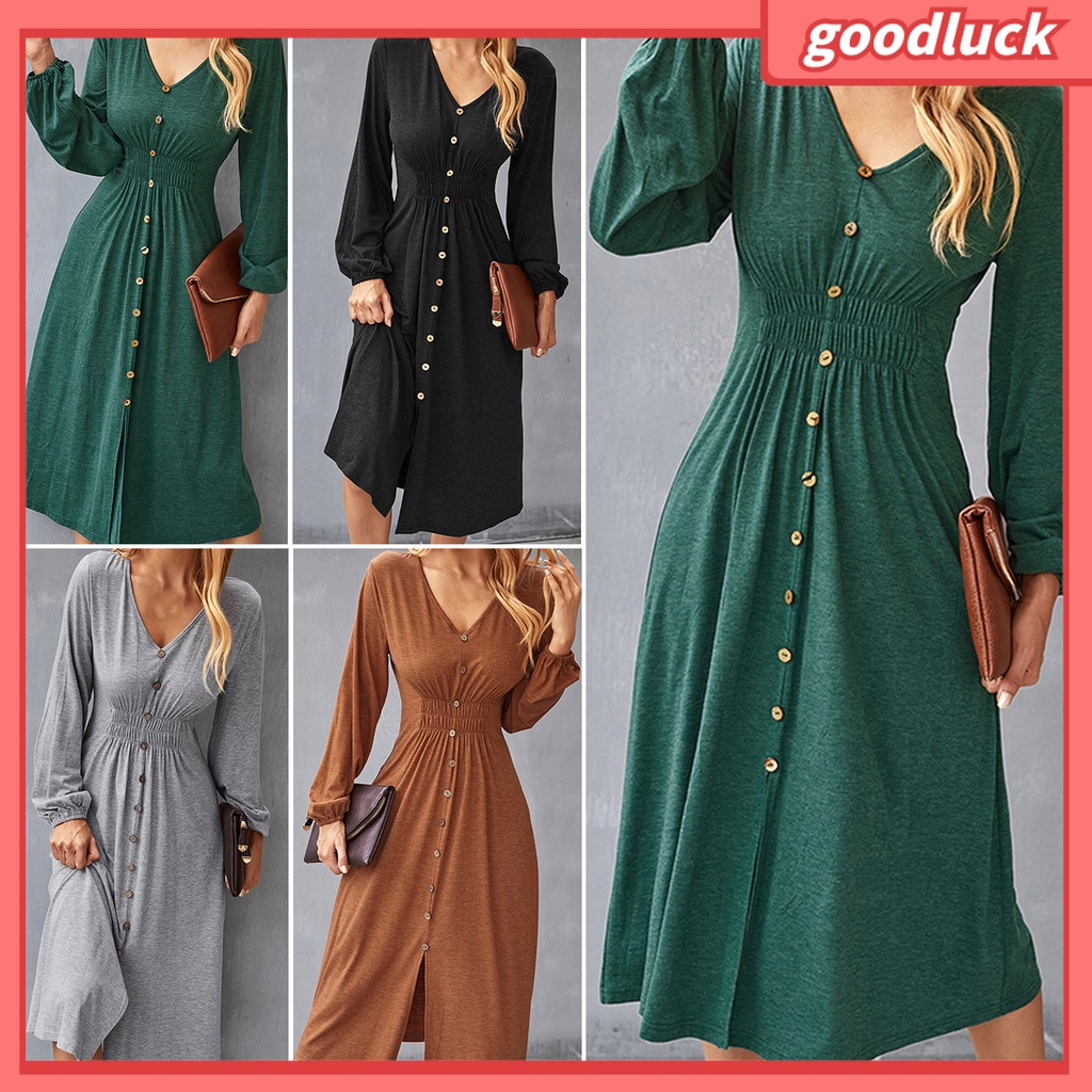 [GUC] Đầm Midi Dáng Chữ A Tay Dài Phồng Cổ Chữ V Xẻ Tà Phía Trước Eo Co Giãn Màu Trơn Thanh Lịch Dành Cho Nữ