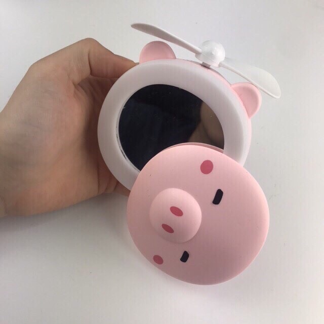 Quạt cầm tay tích điện 3 Trong 1 mini Hình Heo siêu đẹp kèm gương và đèn led siêu hot phong cách hàn quốc