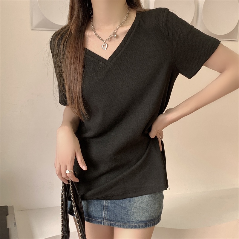 Áo Thun Tay Ngắn Cổ Chữ V Form Rộng Thiết Kế Đơn Giản Cho Nữ