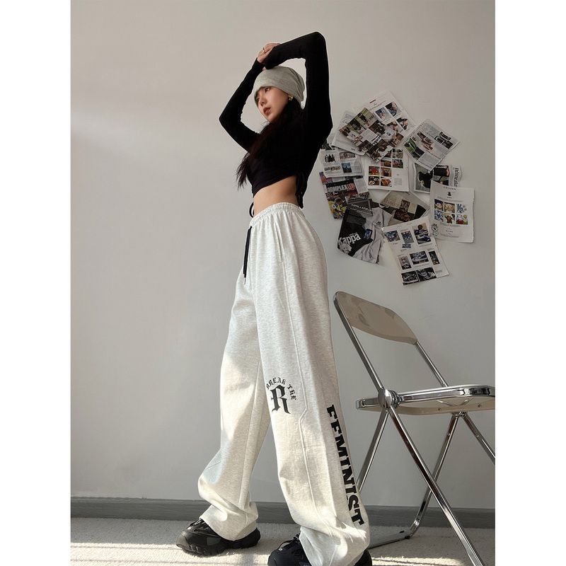 Jiashucheng Quần Dài Thể Thao Dáng Suông In Chữ Màu Trắng Xám Kiểu Hip-Hop Cá Tính Cho Nữ