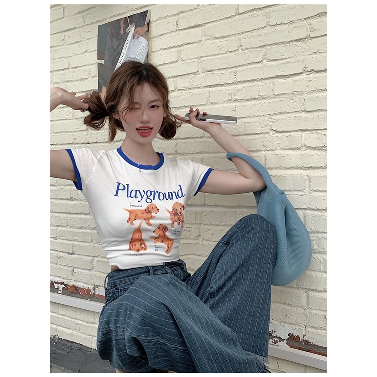 Áo Thun Ngắn Dáng Ôm In Chữ Phối Màu Tương Phản Kiểu Hàn Quốc Thời Trang Mùa Hè Cho