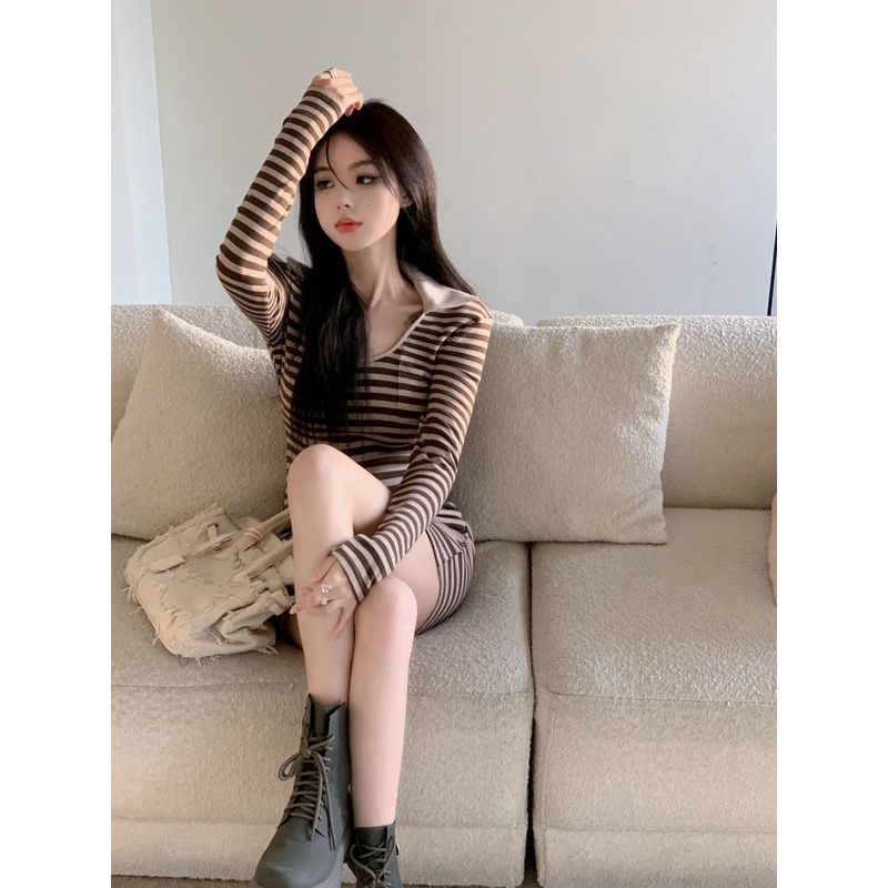 Đầm Dệt Kim Kẻ Sọc Màu Trơn Phong Cách Phương Tây Thời Trang Xuân Thu Cho Nữ