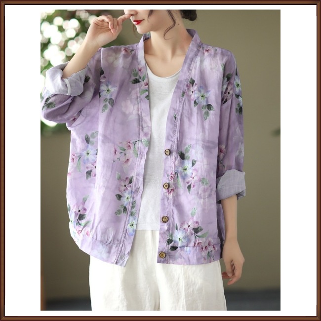 Áo Sơ Mi Vải Lanh Cổ Chữ V Tay Dài Dáng Rộng In Họa Tiết Thời Trang Dành Cho Nữ