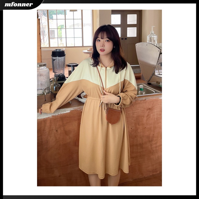 Đầm Thể Thao Tay Dài Có Mũ Trùm Phối Dây Rút Màu Sắc Tương Phản Cá Tính Cho Nữ