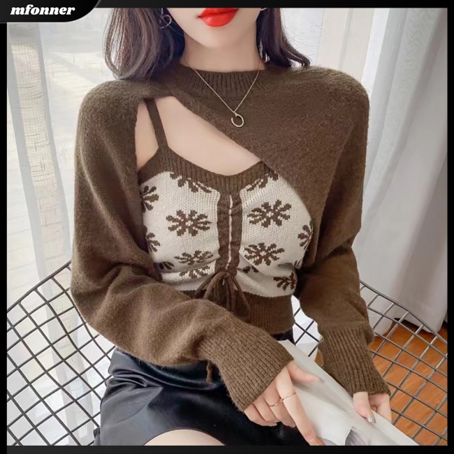 Set Đồ 2 Món Gồm Áo Len Dệt Kim Dài Tay Ôm Dáng In Họa Tiết Hoa + Áo Khoác Ngoài + Quần Dài Cho Nữ