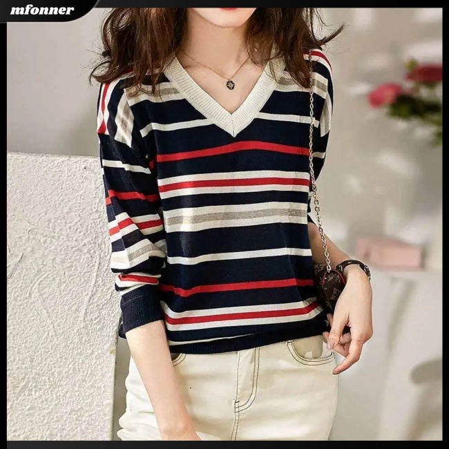 Áo Dệt Kim Nữ Dài Tay Cổ Chữ V Phối Màu Tương Phản Thời Trang