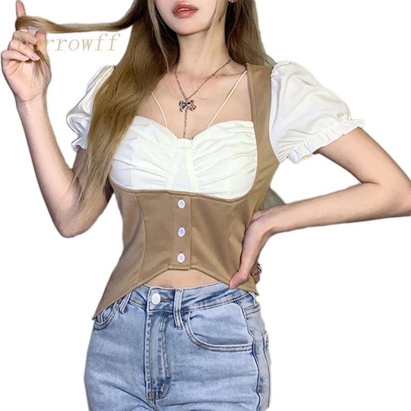 Áo Croptop Ngắn Tay Cổ Vuông Thiết Kế Lệch Tà Thời Trang Cho Nữ