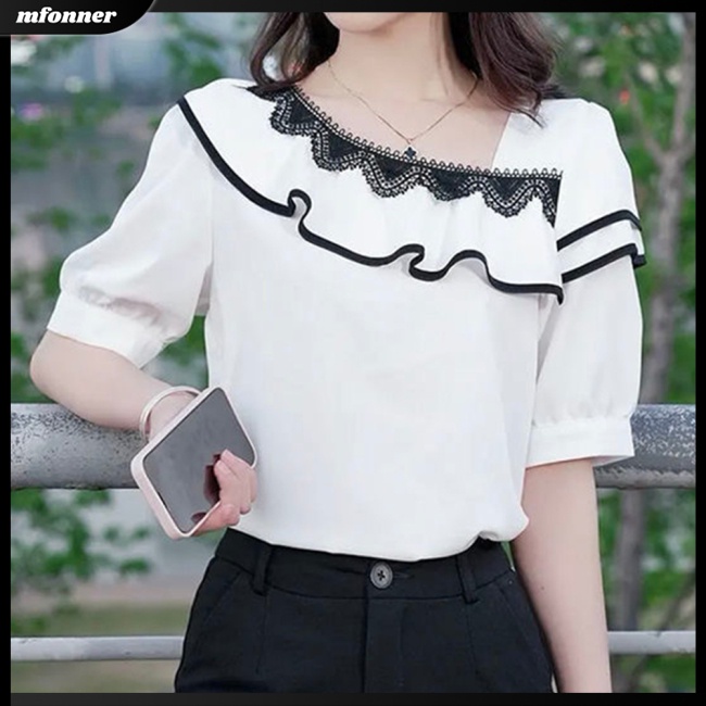 Áo Kiểu Tay Phồng Ngắn Cổ Tròn Phối Ren Ngọt Ngào Cho Nữ