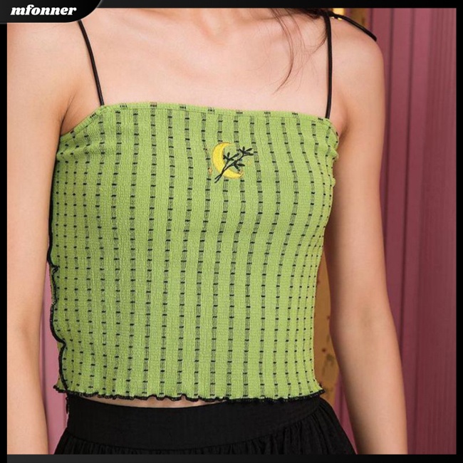 Áo Hai Dây Cotton Mềm Mại Họa Tiết Sọc Caro Thêu Hình Mặt Trăng Thắt Dây Thời Trang Cho Nữ