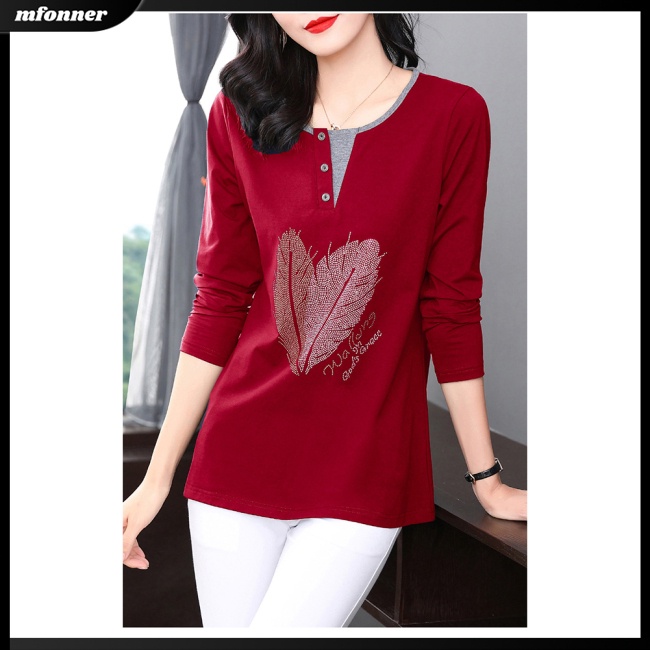 Áo Thun Nữ Tay Dài Cổ Tròn Dáng Rộng Có Nút Trang Trí Màu Sắc Tương Phản