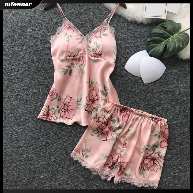 Bộ Đồ Ngủ 2 Món Áo + Quần Short Vải Lụa Satin Viền Ren Mềm Mại Thoải Mái