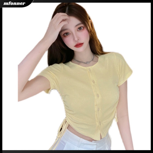 Áo Thun Croptop Tay Ngắn Cổ Tròn Màu Sắc Đơn Giản Cho Nữ