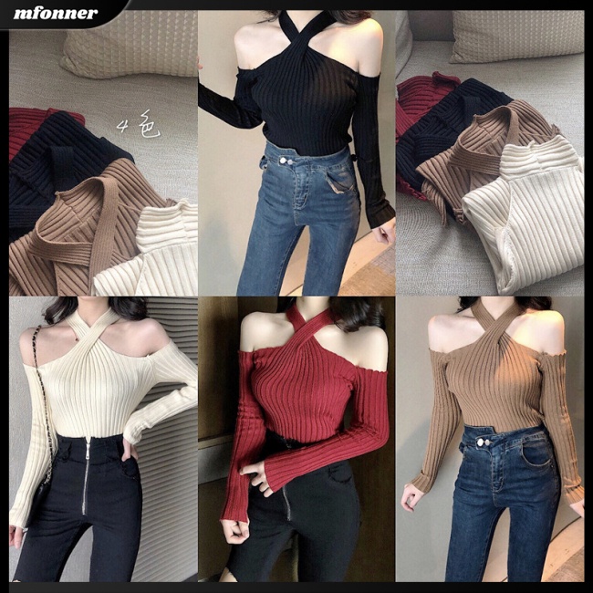 Áo Sweater Dệt Kim Cổ Thuyền Dây Chéo Ôm Dáng Gợi Cảm Cho Nữ