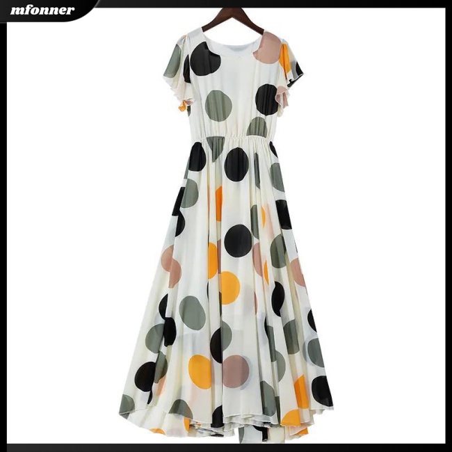 Đầm Dài Dáng Chữ A Tay Loe Cổ Tròn Họa Tiết Chấm Bi Thiết Kế Chiết Eo Nữ Tính