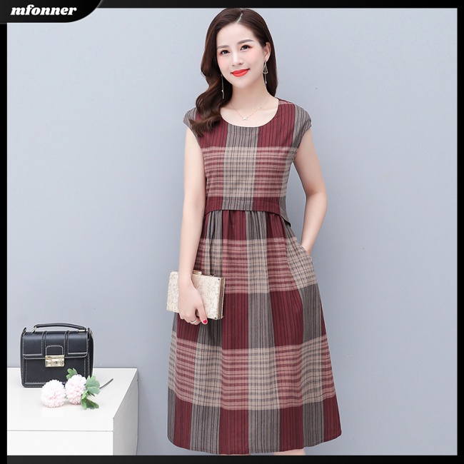 Đầm Tay Ngắn Cổ Tròn Họa Tiết Caro Thời Trang Mùa Hè Cho Nữ