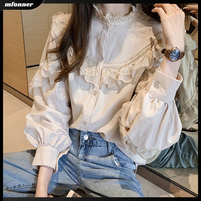 Áo Kiểu Tay Phồng Cổ Tròn Phối Ren Phong Cách Retro Ngọt Ngào